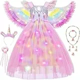 Leuchtend Einhorn Prinzessin Kostüm Kinder Mädchen mit Einhorn Kostüm LED Flügel Haarreif Schmuckset Zauberstab, Einhorn Prinzessin Kleid Mädchen Karneval Cosplay Geburtstag Party Fasching (120cm)