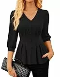 Damen-Plissee-Pullover mit V-Ausschnitt 3/4-Ärmeln einfarbig lässiges Arbeits-T-Shirt mit dekorativen Knöpfen Schwarz XL