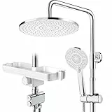 Rainsworth Duschsystem mit Ablage Chrom - 25 X 25 cm Rund Regendusche und 3 Strahlarten Duschkopf, mit Umsteller aus Messing,Duschsäule Duschset für Dusche ohne Armatur