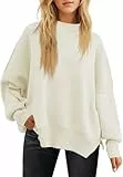 Fisoew Damen Pullover Langarm Rundhals Einfarbig Strickpullover Herbst Winter Pulli Oberteile mit Seitenschlitz Beige,S