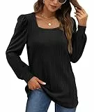 WIHOLL Pullover Damen Puffärmel Strickpullover Quadratischer Hals Langarmshirt Top Herbst Winter Tunika Lässiger Oberteile Elegant Schwarz XL