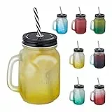 Relaxdays Trinkgläser mit Deckel und Strohhalm, 8er Set, 400 ml, Frosted-Optik, Sommergläser mit Henkel, bunt/schwarz