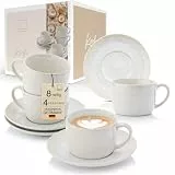Sänger | Kaffeetassen Set mit Untertasse Korfu 8 tlg, Kaffeetassen und Untertassen 4 Personen, Steingut Kaffeeservice, Tassen Creme Farben & Sandiger Maserung im Inneren 160ml | PREMIUM COLLECTION