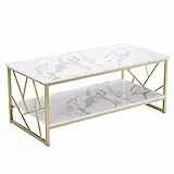 Ginhow Couchtisch 110x50 cm - Weißer Wohnzimmertisch mit Stauraum, MDF Marmoroptik Sofa Tische, Moderner Kaffetisch fürs Wohnzimmer