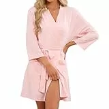 U2SKIIN Damen Bademantel kurz Kimonorobe aus Tencel-Baumwolle, weiche leichte Kurz Bademantel, V-Ausschnitt Spa Loungewear mit Taschen(Hellrosa, S)