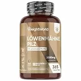 Löwenmähne Pilz 365 Tabletten - 2000mg je Tablette - 50% Polyphenol - Lions Mane Mushroom (Hericium Erinaceus) - 25:1 Extrakt mit Schwarzer Pfeffer 30mg - 1 Jahr Vorrat - WeightWorld