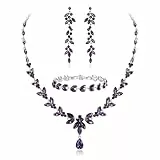 EVER FAITH Schmuckset Österreichisches Kristall Braut Schmuck-Set, elegante Marquise Strass Blatt Halskette mit baumelnden Ohrringen Tennis-Armband-Set, Lila Silber-Tone