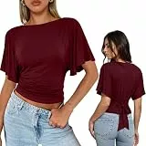 WIEIYM Damen Bluse mit Flügelärmeln Sommer Oberteil U-Boot-Ausschnitt Elegant Slim Fit Shirt mit Bindeband am Rücken Figurschmeichelndes Casual Top