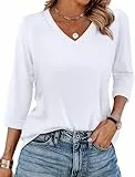 WIHOLL Tops für Damen, 3/4-Ärmel, V-Ausschnitt, lässige Tunika, Damen-Tops, Basic-Shirts, lockere Passform, weiß, XXL