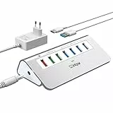 INTPW USB Hub mit Netzteil 10Gbps,7 Port USB Splitter mit 4 USB 3.2 Gen2 Daten Ports,3 Schnelllade Ports,30W Power Adapter,Type A & C Kabel, Aluminium USB HUB 3.2 für Computer,PC,Laptop