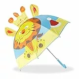 Relaxdays Kinderregenschirm mit 3D Löwe, Regenschirm für Mädchen und Jungen, kleiner Stockschirm, gelb-blau