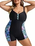 Hanna Nikole Badeanzug Damen mit Cups Einteiliger Sportbadeanzug für Damen mit Breiten Boyleg-Badeanzug Schwarz-Gefärbte Pflanzen 46