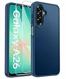 FLLAO Matt Handyhülle für Samsung Galaxy A26 5G Hülle und 2 Schutzfolie, mit Kameraschutz [Militärnorm Schutz] urchscheinende PC Rückseite TPU Bumper Hülle für Samsung A26 - Dunkelblau