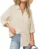 Cicy Bell Blusen Damen Oversized V-Ausschnitt Hemdbluse Langerm Locker Shirts Einfarbig Baumwolle Button Down Oberteil Casual Tops Khaki XL