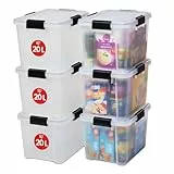 Iris Ohyama Luftdichte Kunststoff-Aufbewahrungsboxen mit Deckel, 20L, 6er-Set, Transparent, Hermetischer wasserdichter Verschluss, Robuste Schnappverschlüsse, Stapelbar, Staubschutz, BPA-frei, AT-SD