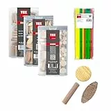 TOX Holz-Set (384-tlg.) mit Miniset Boltfix Wood/Biscuit Wood/Cookie Wood + Zimmermannsbleistifte in 3 Neonfarben, Holz- und Flachdübel, Querholzplättchen in mehreren Größen, 094909175