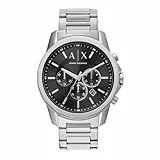 Armani Exchange Silver Tone Watch for Men, Quarz-Chronographenwerk und 44mm Gehäusegröße mit Edelstahlarmband, Silberton und Schwarz