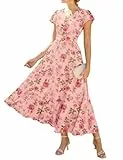 GRACE KARIN Damen Rüschenärmel V-Ausschnitt Midikleid A-Linie Blume Sommerkleid Mit Taschen Graurosa–Rosa Rose L