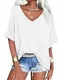 GeGekoko Damen T-Shirt Sommer Kurzarm V-Ausschnitt Oversized Oberteil Locker Frauen Casual Lose Tops Elegant Bluse,Weiß(033),XL