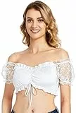 AMZHOTER Dirndlbluse Damen Trachtenbluse Spitze Kurzarm Schulterfrei Dirndl Bluse Weiß Elegante für Oktoberfest 38
