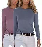 YUTILA 2er Pack Damen Langarmshirt Basic Rundhals Einfabrig Shirt Oberteile Langarm T-Shirt aus weichem Viskose-Stretch
