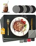 HELI MIAO 6er Set Tischsets Abwaschbar,Abwischbar Lederoptik Platzset und Untersetzer,43x30cm,Wasserdicht Hitzebeständig Zweifarbig Platzdeckchen,Tischset Leder,Tischset Kinder (Schwarz+grau, 6)