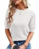 Runcati Damen Kurzarm Strickpullover Casual Rundhals Puffärmel Elegante Einfarbige Sweateshirt Pullover,Weiß,S