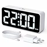 CHEREEKI Wecker Digital mit großem LED-Display, 10 Klingeltönen, Doppelalarm, Schlummerfunktion, 3 Alarmplänen, Einstellbarer Helligkeit und Lautstärke, Netzbetrieb, Adapter enthalten, Weiß