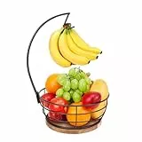 Livabber Obstkorbschale mit Bananenaufhänger, moderne stehende Obst-Gemüseschüssel Aufbewahrung, mit Bananenbaumhalter für Küche, Esstisch (rundes Holz, schwarz)