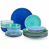 Geschirrset 6 Personen, vancasso BONITA 18 tlg Steingut Geschirr Set 6 Pers, Tafelservice urbaner Stil, Geschirr blau, Schüssel- und Teller Set mit Speiseteller, Dessertteller und Schüsseln