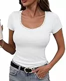 Terecey Damen T-Shirt Basic Gerippt Shirts Slim Fit V Ausschnitt Tee Sommer Kurzarm Tshirt Stretch Oberteile Casual Bluse Tops, Wolkenweiß XXL