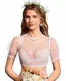 DIRNDLSTERN Bluse Damen Weiß – Dirndlbluse Transparent mit Punkten Puffärmel Trachtenbluse Kurzarm für Oktoberfest & Bayerische 42