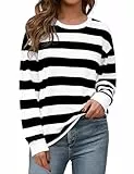 Aottori Sweatshirt Damen Streifen Baumwolle Pullover Langarm Rundhals Langarmshirt Oversize Oberteile Locker Elegant Tops Herbst Winter Casual Schwarz L