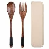 Jiayaus Holzbesteck mit Box, Hölzern Besteck Set für 1, Reisebesteck - Wiederverwendbar, Kann mit Holzgeschirr übereinstimmen, für Reisen Picknick Mittagessen, Komfortabler Griff