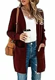 Saodimallsu Strickjacke Damen Lang Leicht Cardigan Langarm Open Front Strickpullover Einfarbig Freizeit Strickmantel Outerwear mit Tasche Weinrot L