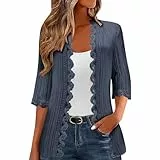 EMATOP Strickjacke Damen Leichte 3/4 Ärmel Cardigan Elegant Einfarbig Strickmantel Dünne Vorne Offen Pullover Casual Lose Strickpullover Klassisch Bequem Jacke Lang Spitze Übergangsjacke Outwear