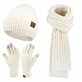 ZASFOU Damen Winter Mütze Schal Touchscreen Handschuhe Set Thermo Strickmütze Beanie Wintermütze Schals Winterschal Winterhandschuhe Geschenk für Frauen
