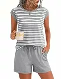 Marvmys Schlafanzug Damen Kurz Baumwolle Gestreifte Sommer Zweiteiliger Pyjama Set Kurzärmelige Rundhals Kurzarm Shorts mit Bündchen Sleepwear Loungewear S-XXL