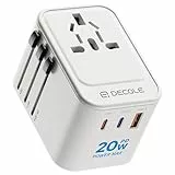 decqle Reiseadapter Weltweit, Universal Reisestecker mit 2 USB-C (PD 20W), 1 USB-A und 1 AC Steckdose, Internationaler Steckdosenadapter, AC Adapter Universaladapter für EU, UK, US, AU (Weiß)