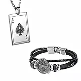 Flongo armband Lederarmband Herren Kette Set Schwarz Männer Anhänger Männer Armband Herren Armreif Leder Armband Anhänger Halskette mit Spielkarte Joker Royal Flush Poker Karten Set