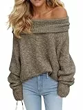 Saodimallsu Damen Pullover Schulterfrei Langarm Strickpullover Lose Grobstrick Jumper Sweater Einfarbig Casual Winter Pulli Hellbraun M