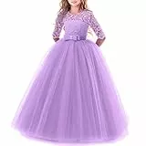 Blumenmädchen Spitze 3/4 Ärmel Kleid Hochzeit Brautjungfer Erstkommunion Abend Party Bodenlanges Kleid Kinder Prinzessin Festzug Geburtstag Abschlussball Karneval Weihnachten Ballkleid, violett, 7-8