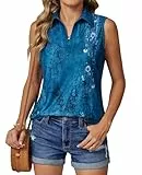 BAISHENGGT Damen Tank Tops Elegant Basic Ärmellos Oberteile Sommer V-Ausschnitt Tunika Lässige Blusen Shirt Blau Blumen L