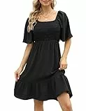 Clearlove Damen Sommerkleid Kurzarm A Linien Rüschen Kleid Kurz Tunika Kleider Knielang Schulterfreies Minikleid Sommer Freizeitkleid Schwarz XL