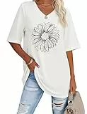 Litherday Damen T-Shirt V-Ausschnitt Oversize Kurzarm Gänseblümchen Print Plus Size Sommer Freizeit Oberteil T-Shirt Bluse (Weiß, S)