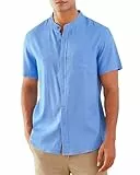 RAISEVERN Herren Leinenhemd Sommerhemden Kurzarm Hemd Stehkragenhemd Freizeithemd Lässig Hemden Leinenshirt Strandhemd Anzughemd Himmelblau, XXL