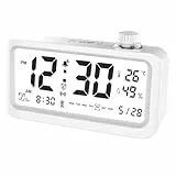 LUPATDY Wecker, Digitalwecker mit großem LCD-Display, Analog, kein ticken, mit Temperaturdatum, Schlummern, Digital-Nachttischwecker für Schlafzimmer (weiß)