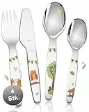 RÖSLE Kinderbesteck 'Waldfreunde' – 4-teiliges Kinderbesteck ab 3 Jahre aus Edelstahl 18/10 – Spülmaschinengeeignet, Tolles Taufgeschenk für Mädchen und Jungen
