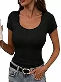 Terecey Tshirt Damen Schwarz mit Eckigem Ausschnitt Elegant Oberteile Gerippt Stretch Tshirt Kurzarm Slim Fit Shirts Sexy Casual Basic Tops, Tiefschwarz L