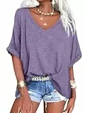 GeGekoko Damen T-Shirt Sommer Kurzarm V-Ausschnitt Oversized Oberteil Locker Frauen Casual Lose Tops Elegant Bluse